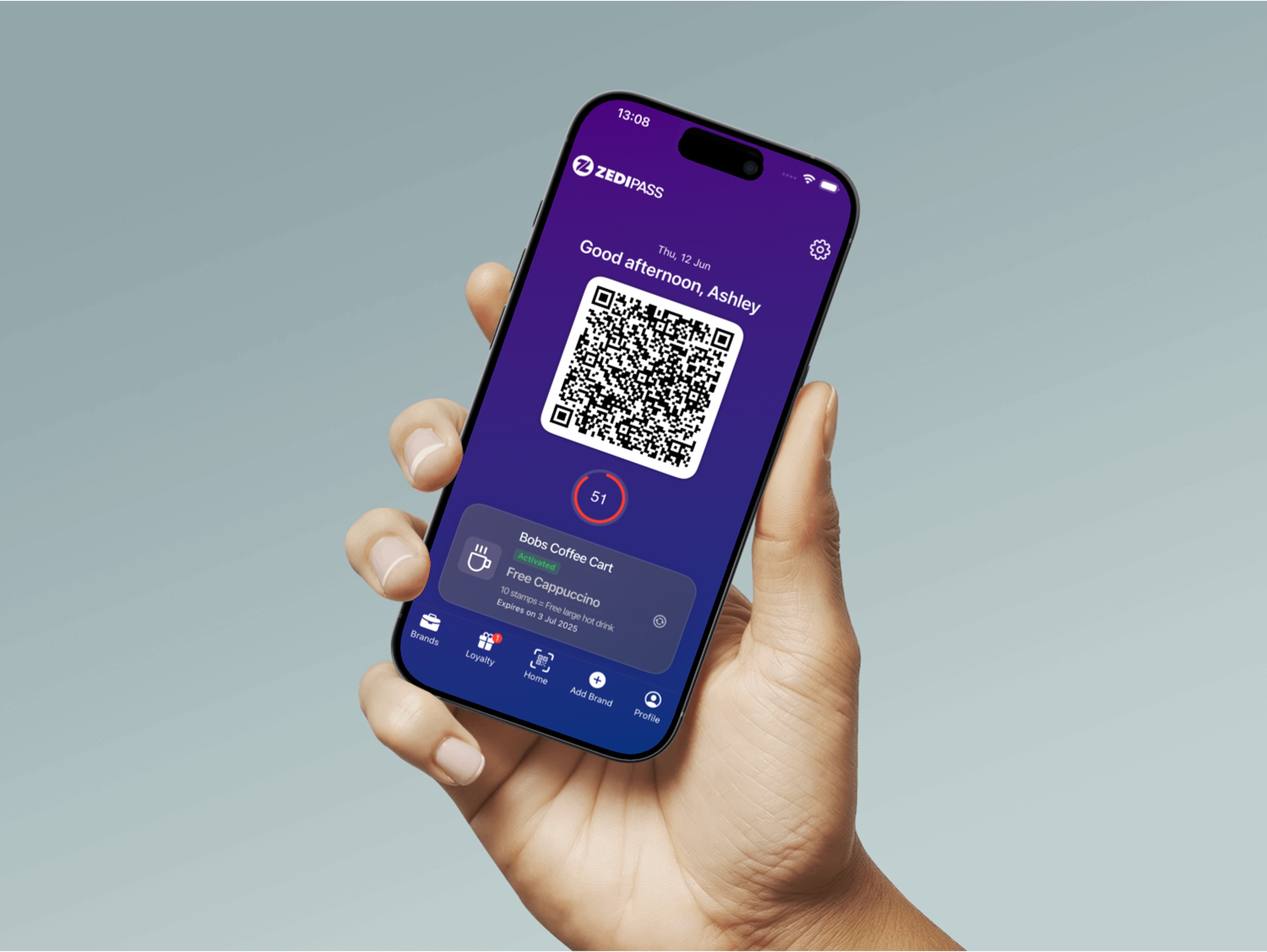 Customer holding phone with ZediPass app open