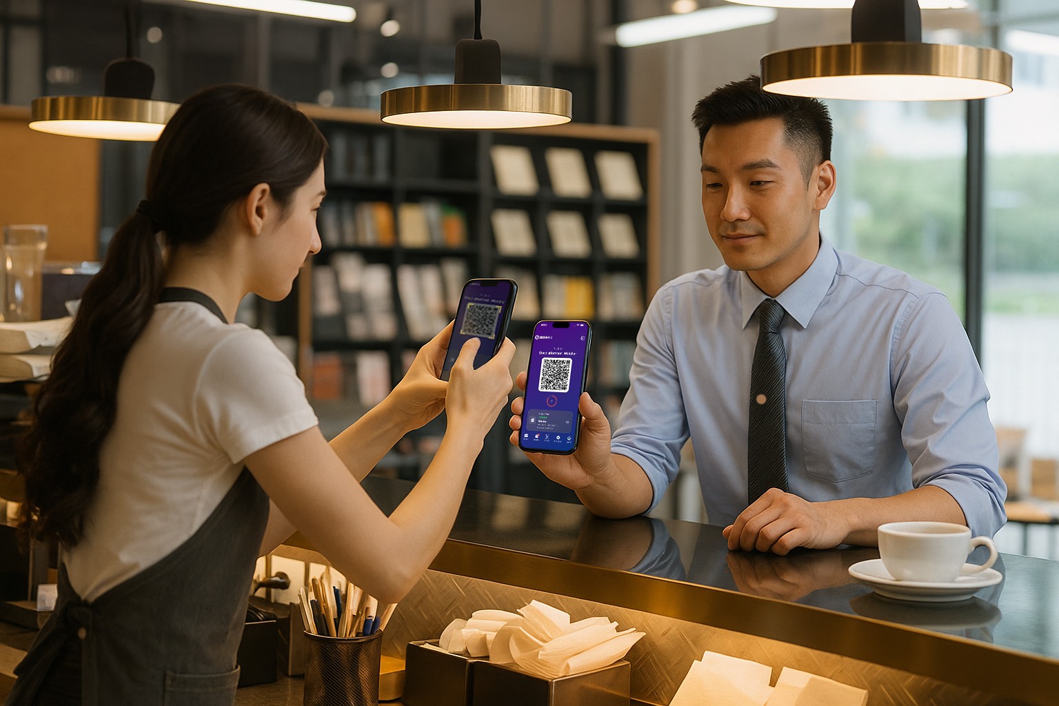 Staff scanning customer QR code at till